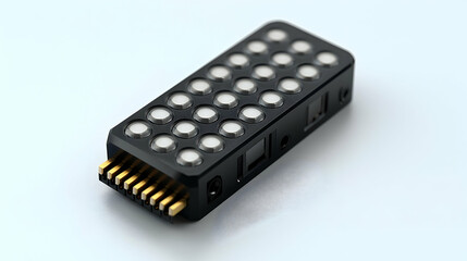 Black Electronic Device with Golden Pins and White Buttons on a