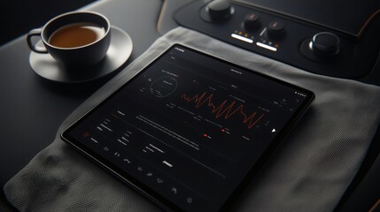 Fototapeta premium Modern Technology Concept with Digital Tablet Displaying Data Analytics Next to Coffee Cup