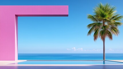 Pink Modern Structure by Poolside Palm Tree Ocean View
