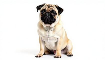 Adorable pug dog sitting, isolated on white background, ears, happy, canine photography
