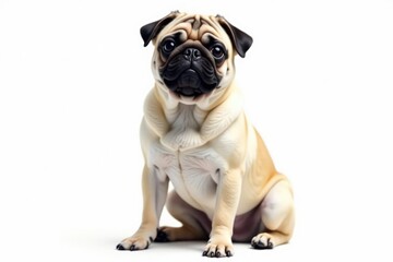 Obraz premium Adorable pug dog sitting, isolated on white background, tan, graphic