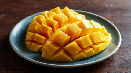 Fresh ripe mango chunks on plate healthy eating tropical fruit dessert delicious snack food photography