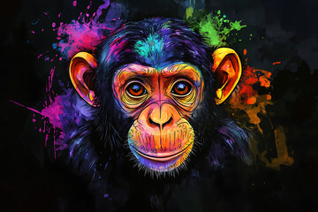 Colorful artistic portrait of a monkey with vibrant splashes of paint in the background