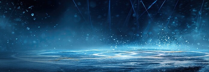 Blue light streaks illuminate concentric circles on a textured dark stage floor with simulated falling particles, creating a magical and mysterious atmosphere.