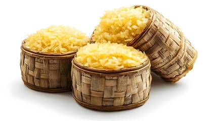 Three small woven bamboo baskets brimming with golden cooked sticky rice sit on a stark white background.