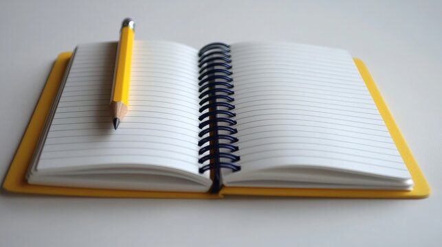 Open notebook with blank pages and yellow pencil on white background for creative writing and planning - Powered by Adobe