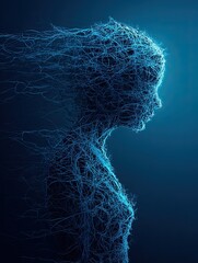 A digital artistic representation of a female silhouette with flowing lines evoking neural networks and abstract thoughts against a dark blue atmospheric background.