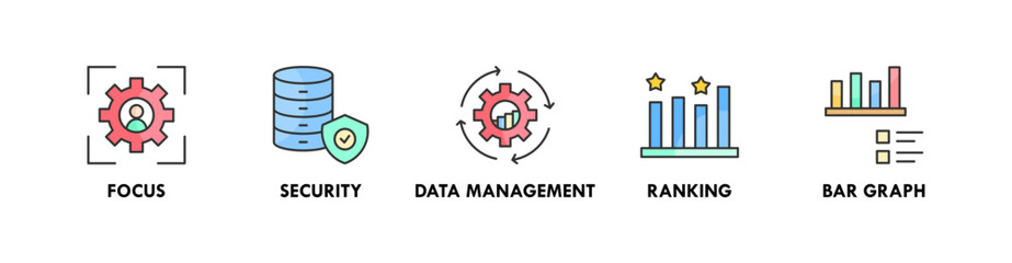 Fototapeta premium Data Analysis banner web icon illustration concept with icon of focus, security, data management, ranking, and bar graph