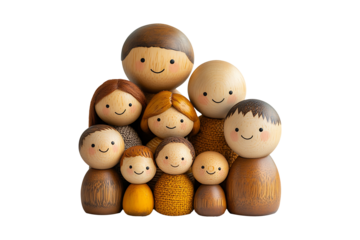 A family of parents and children made from wooden doll isolated on transparent background
