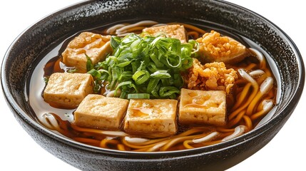 A delicious bowl of Japanese soba noodles with tofu and green onions in a rich dark broth is ready to eat.