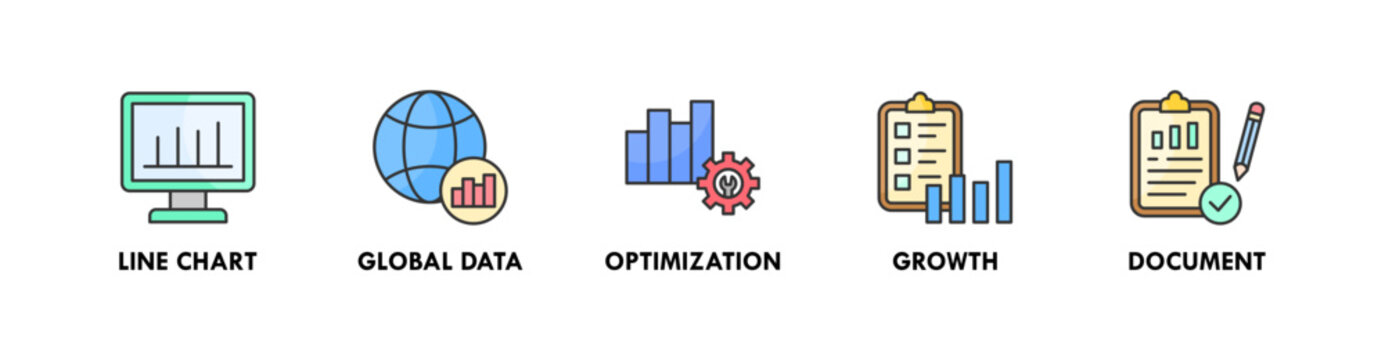 Data Analysis banner web icon illustration concept with icon of line chart, global data, optimization, growth, and document