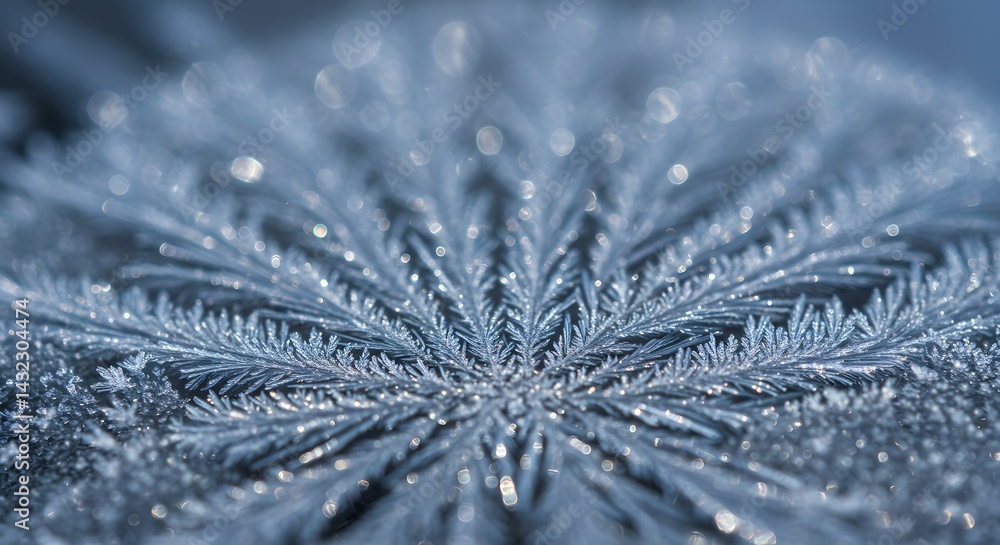 Poster a close up view of a delicate snowflake pattern with intricate details in a cool blue tone and bokeh