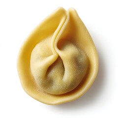 A single, perfectly formed tortellino, with its delicate, smooth pasta and savory filling, rests against a pristine white background, showcasing Italian cuisine.