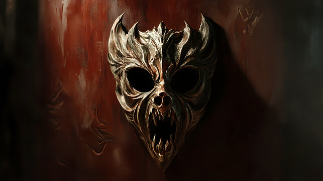 A cursed mask carved from dark wood, its design resembling a demonic face with hollow eyes and sharp fangs. Hollow Fang. Illustration
