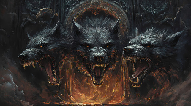 Cerberus show cerberus guarding the gates of the underworld, his three heads snarling at any who dare approach. Nether Gate. Illustration