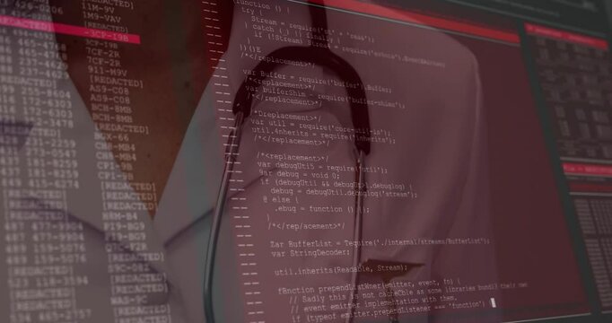 female doctor standing with stethoscope in health scene, showing floating JavaScript code overlay