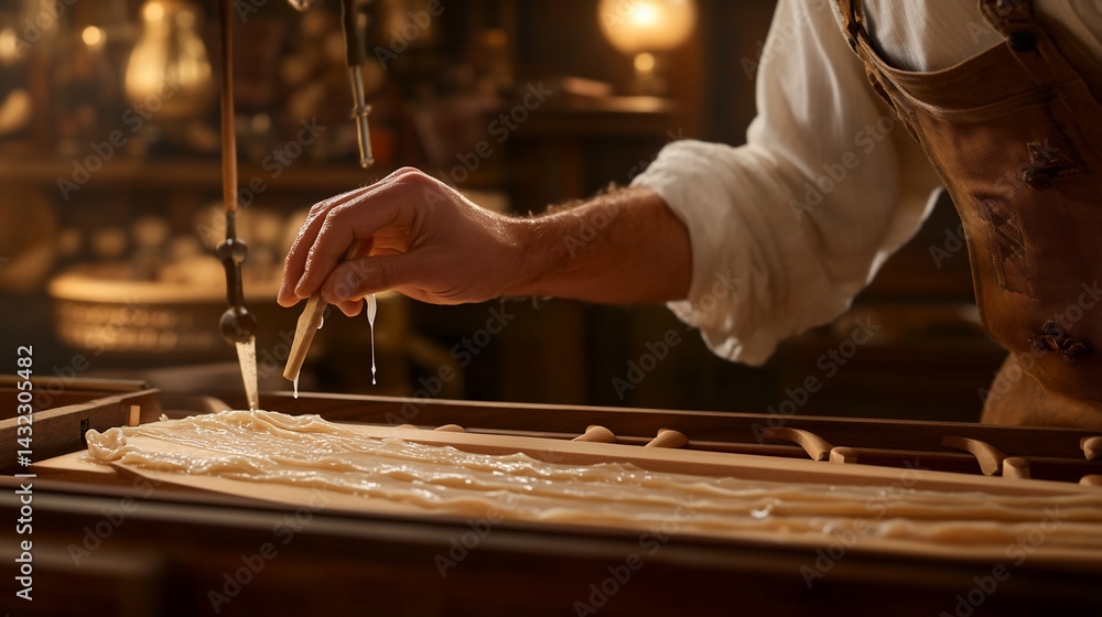 Poster craftsman's hand delicately spreading a viscous substance onto a wooden surface using a small wooden