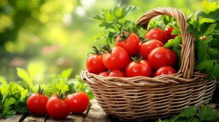 Ripe red tomatoes in a rustic basket on wooden table, fresh and vibrant still life