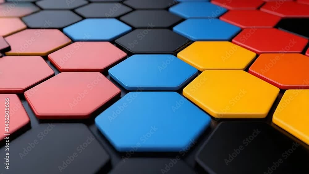 Poster colorful hexagonal tiles arrangement in geometric pattern on dark background for modern design and c