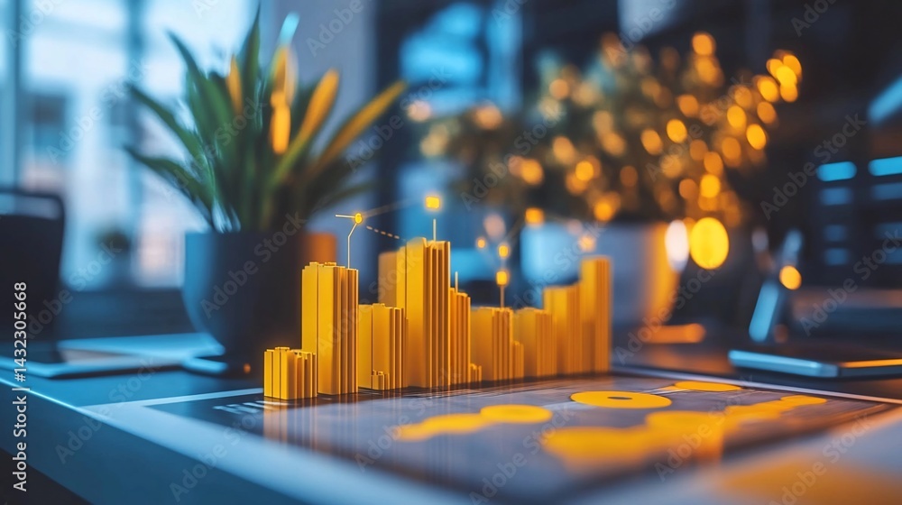 Poster Yellow 3D bar chart on desk with blurred background of plants and lights.