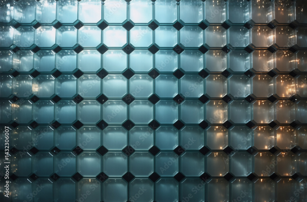 Poster abstract grid with blue to orange gradient, geometric shapes, and light reflections creating a moder