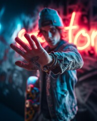 A young skateboarder mid-pause in a neon-lit graffiti alley, denim jacket sleeve rolled up to reveal a tattoo, palm thrust toward the lens in a rebellious stop gesture