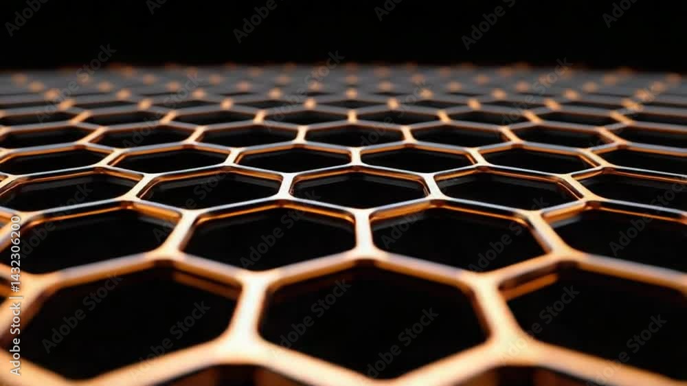 Poster close-up view of a honeycomb pattern with glossy texture and metallic finish against a dark backgrou