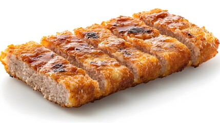 Delicious golden-brown breaded cutlets perfectly sliced and served on a white background ready for consumption.