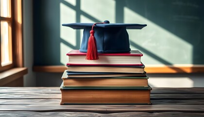 Flat lay graduation background with cap, diploma, and golden ribbons on wooden table