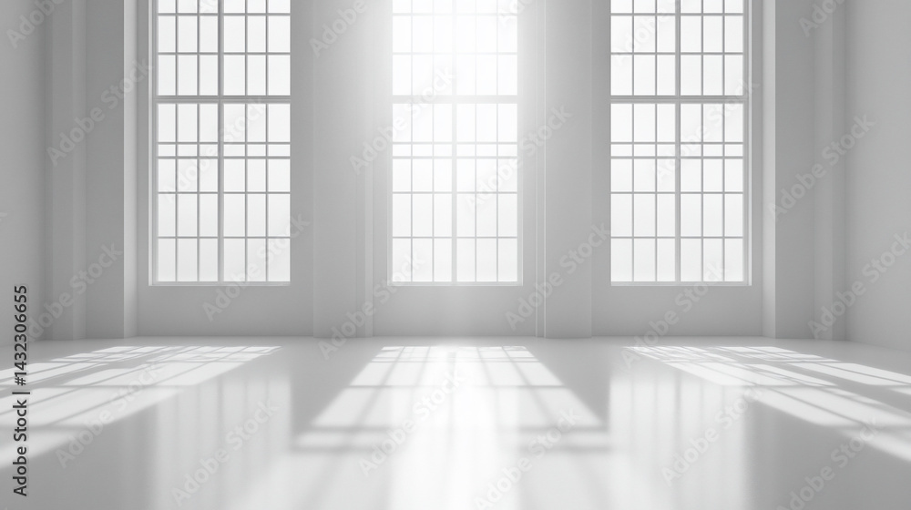Aufkleber bright sunlight streams through three large windows in a minimalist white room, casting shadows on t