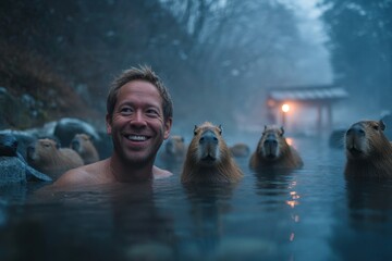 A man enjoying a hot spring in japan, he is in the centre with a few capybara surrounding him