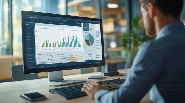 Human resources management software on computer screen helping human resources employee to manage recruitment, payroll, staff searching and KPI evaluation snugly