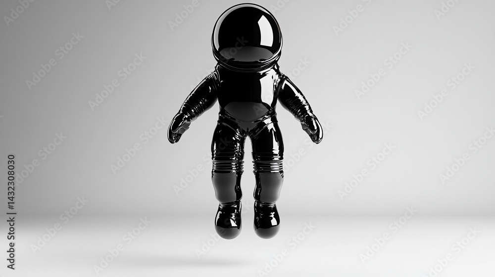Poster black astronaut figure in a floating pose against a white background.
