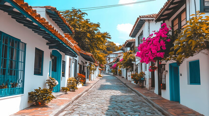 Obraz premium Charming, sun-drenched street scene in a picturesque colonial neighborhood.
