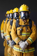Group of firefighters in uniform lined up, ready for action in protective gear on black background