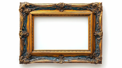 Ornate Gold and Blue Picture Frame with Intricate Carvings on Wh