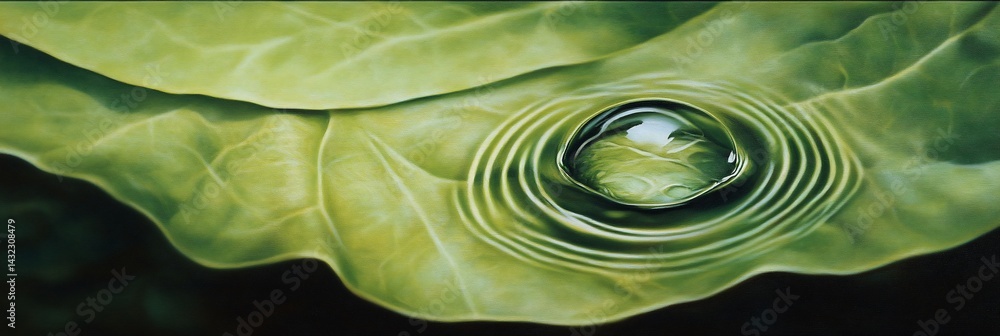 Aufkleber water droplet creating concentric circles on a large green leaf.