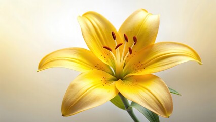 Close-up of a vibrant yellow lily flower with delicate petals and golden center, set against a soft white background , fresh, petals