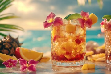 Tropical drinks with ice and fruit in glasses on the edge of an outdoor pool bar, with an ocean background