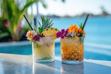 Two tropical drinks with ice and fruit in glasses on the edge of an outdoor pool bar, with an ocean background