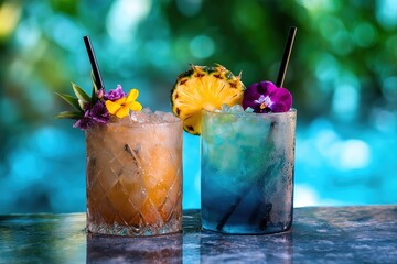 Two tropical drinks with ice and fruit in glasses on the edge of an outdoor pool bar, with an ocean background