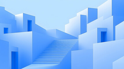 Abstract architectural scene of light blue structures.