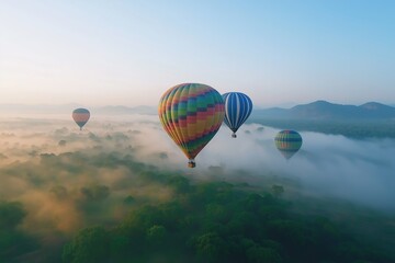 Colorful hot air balloons flying over a green mountain at sunrise. Vibrant colors of the balloons against the morning's foggy landscape. A beautiful nature concept.