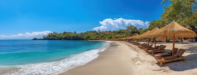 Photo of a Balinese beach with straw umbrellas and wooden sun loungers on white sand, a blue sky, and turquoise sea water, offering a panoramic view. Summer vacation concept banner.