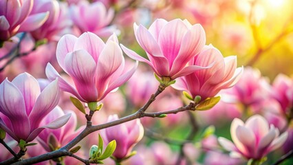 Obraz premium Close-up of delicate pink magnolia flowers blooming in vibrant spring colors, blossom, flowering, blossom, flowering