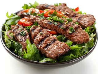 Fototapeta premium A delicious grilled steak salad with fresh greens, juicy tomatoes, and a vibrant herb garnish is presented in a dark bowl.