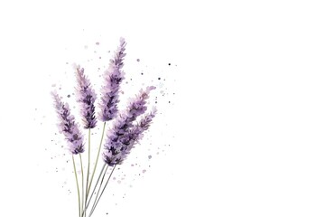 Delicate purple lavender stems with watercolor splashes on white background, botanical art style illustration for stationery, cards and wall decor.
