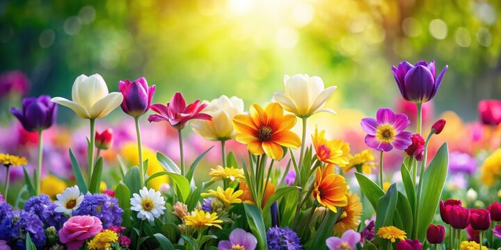 Vibrant spring flowers blooming in a lush green border with colorful flowers of yellow, pink and purple, nature photography, vibrant blooms