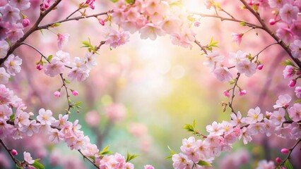 Obraz premium Soft pink cherry blossoms in a delicate floral frame against a serene spring background with soft greenery and gentle sunlight filtering through leaves , blossoming trees, spring decor