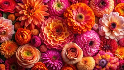 Vibrant pink and orange flowers create a stunning background with intricate details and delicate textures, colorful blooms, vibrant colors